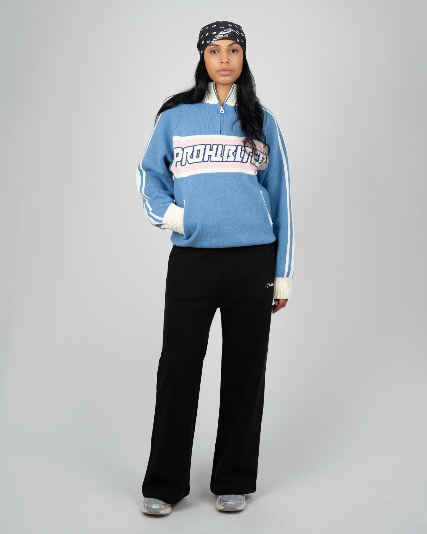 Letterman Knitted Quarter Zip | Light Blue
