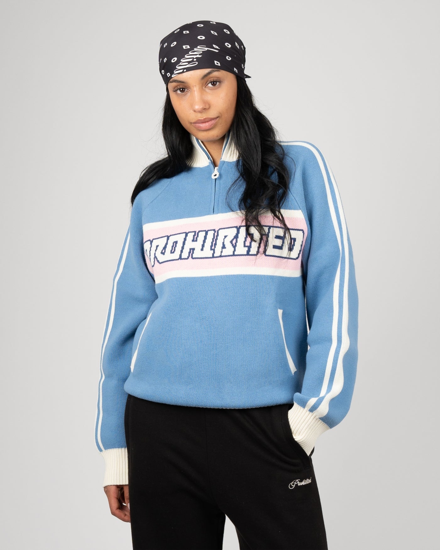 Letterman Knitted Quarter Zip | Light Blue