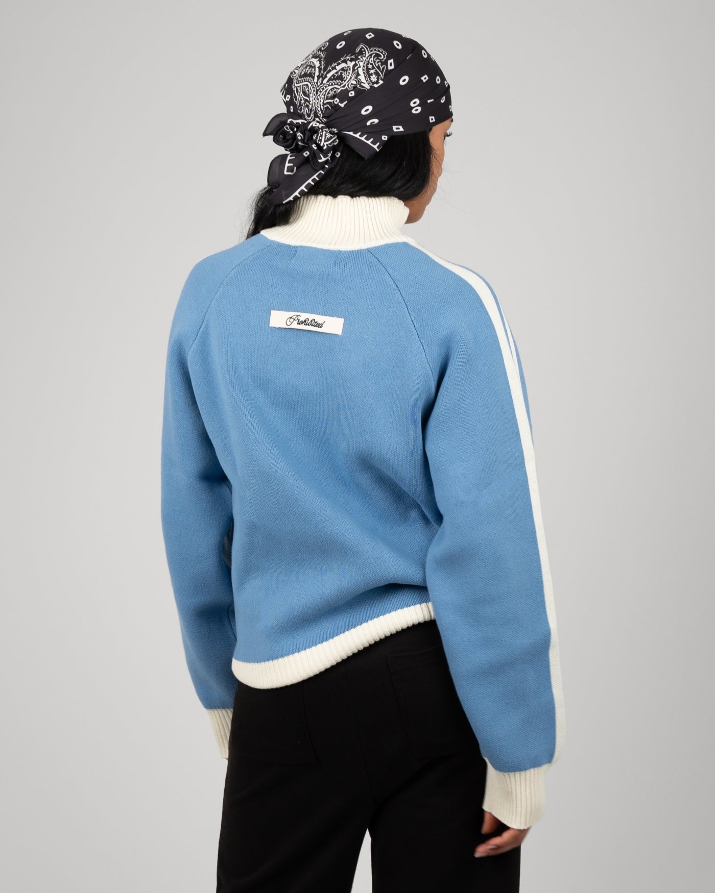 Letterman Knitted Quarter Zip | Light Blue