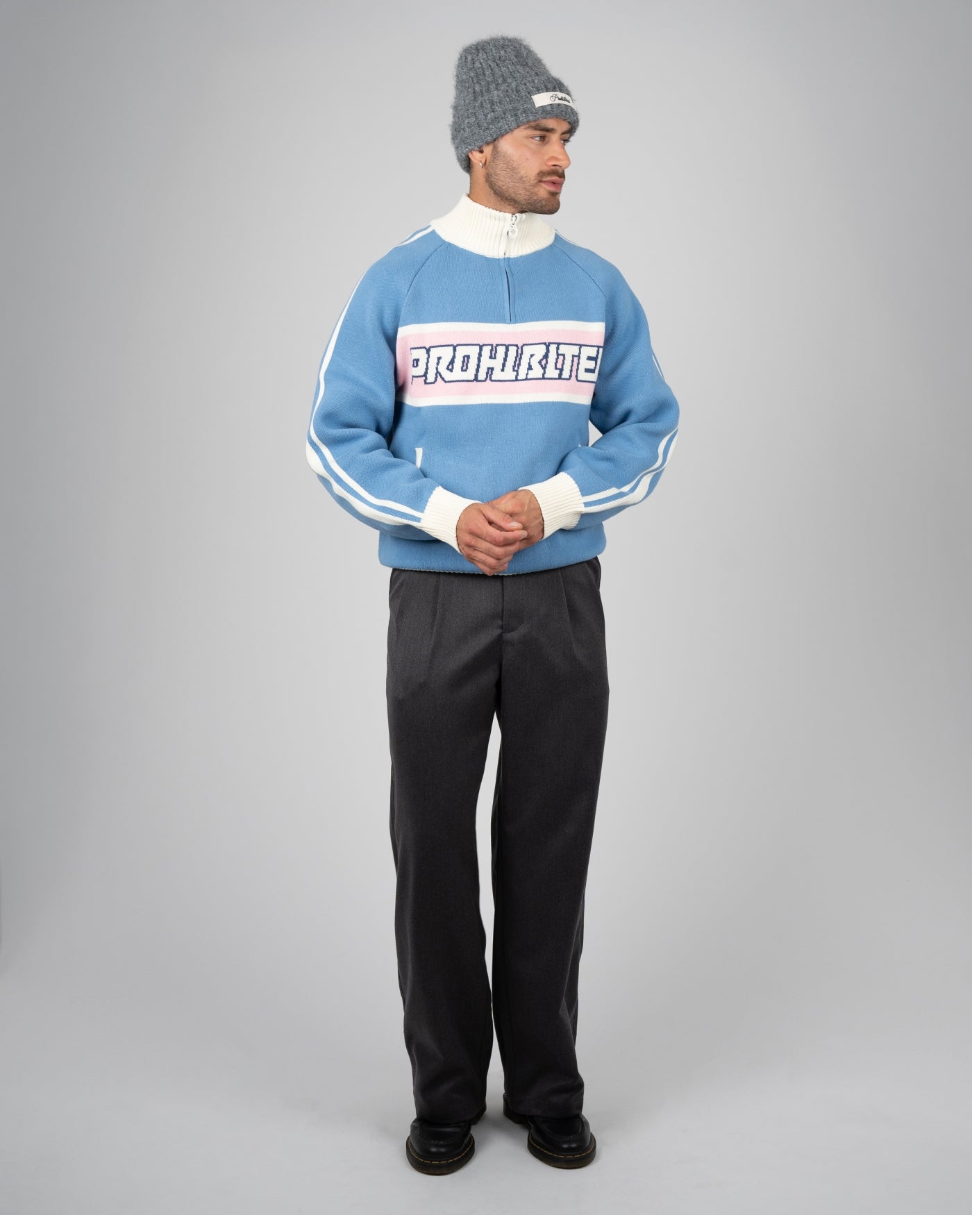 Letterman Knitted Quarter Zip | Light Blue