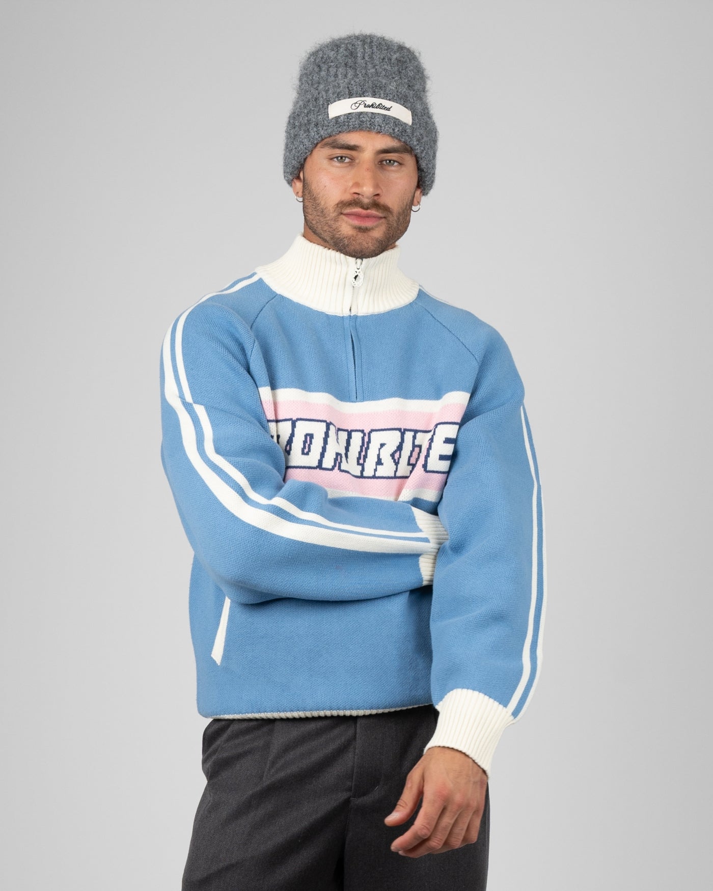 Letterman Knitted Quarter Zip | Light Blue