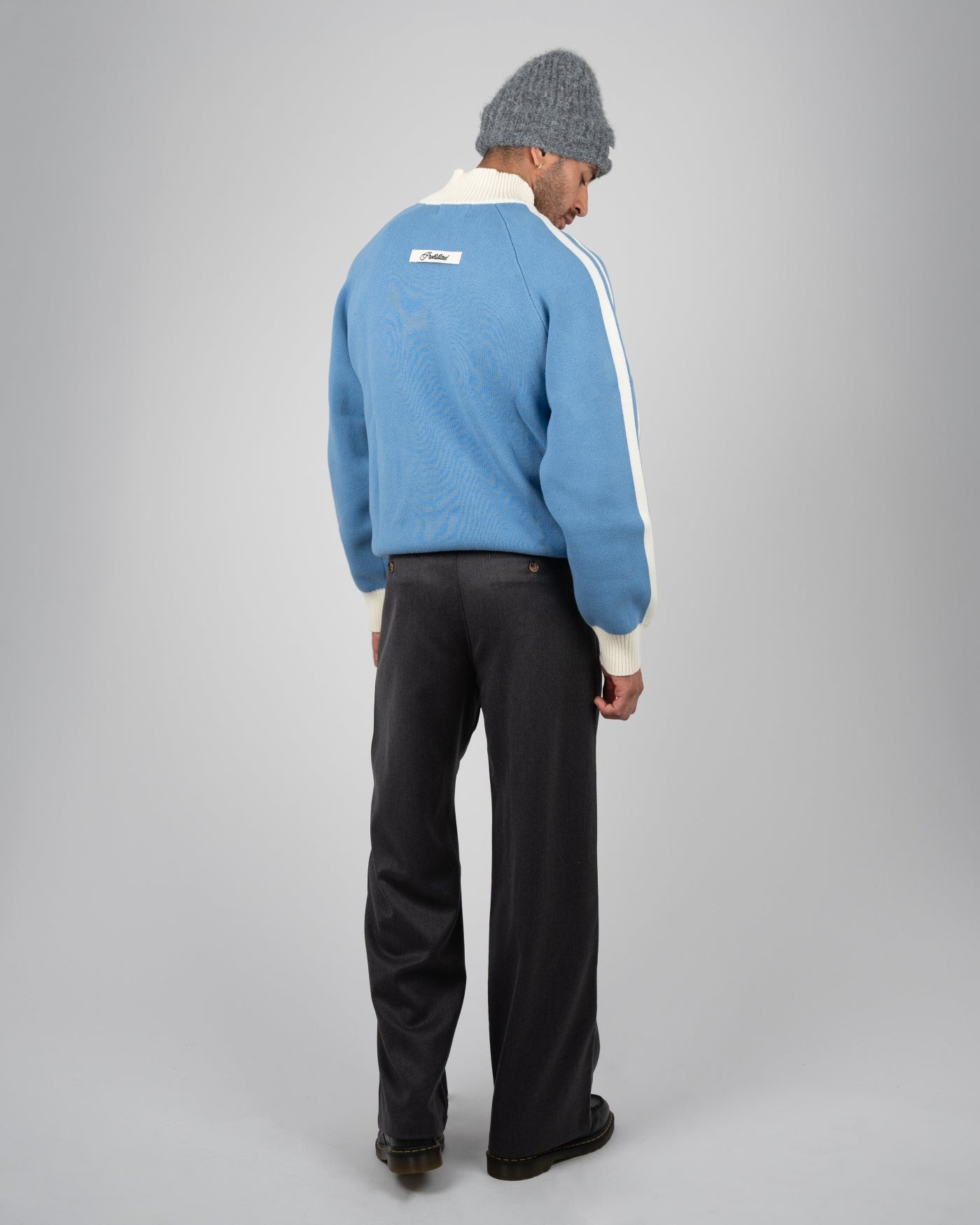 Letterman Knitted Quarter Zip | Light Blue