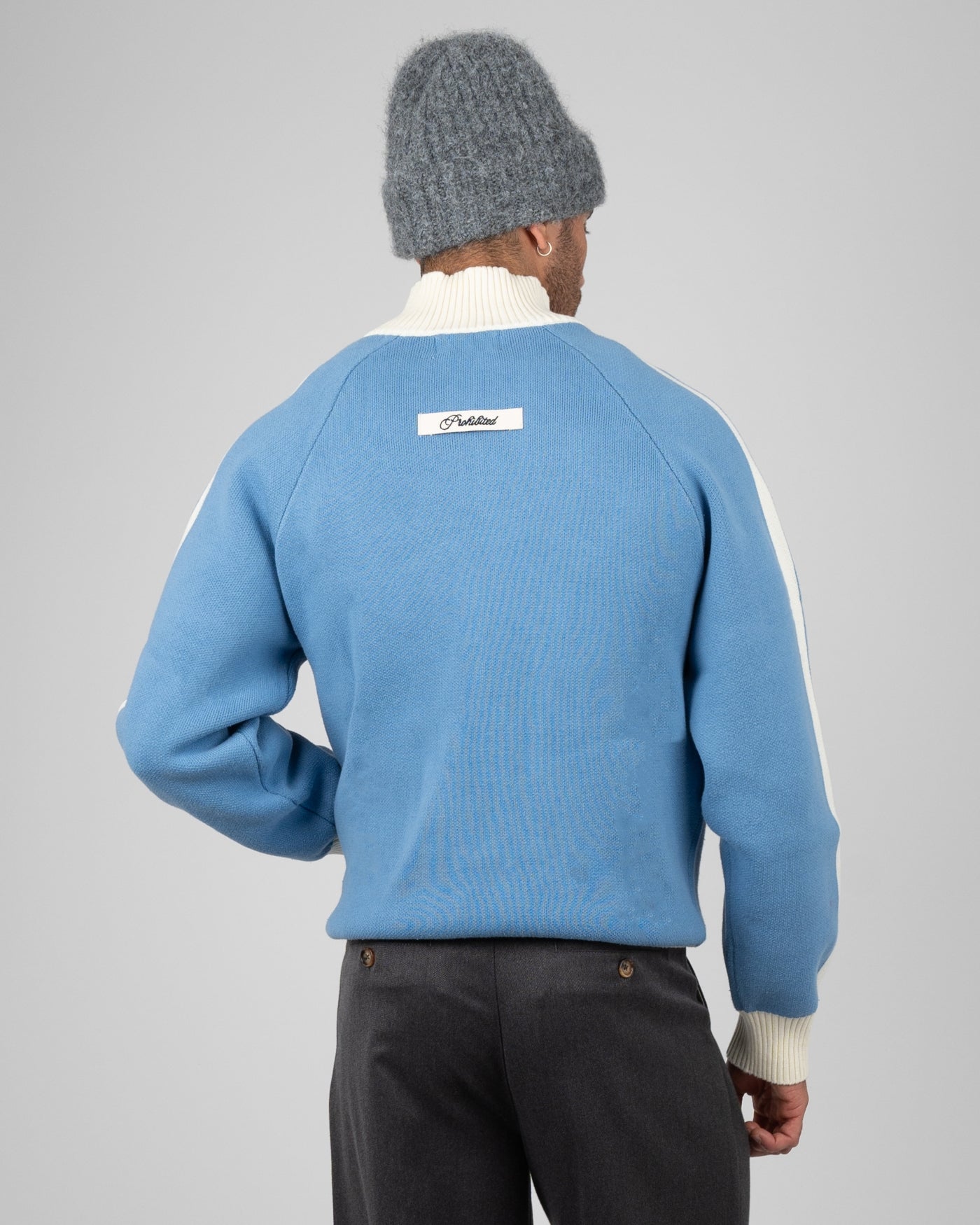 Letterman Knitted Quarter Zip | Light Blue