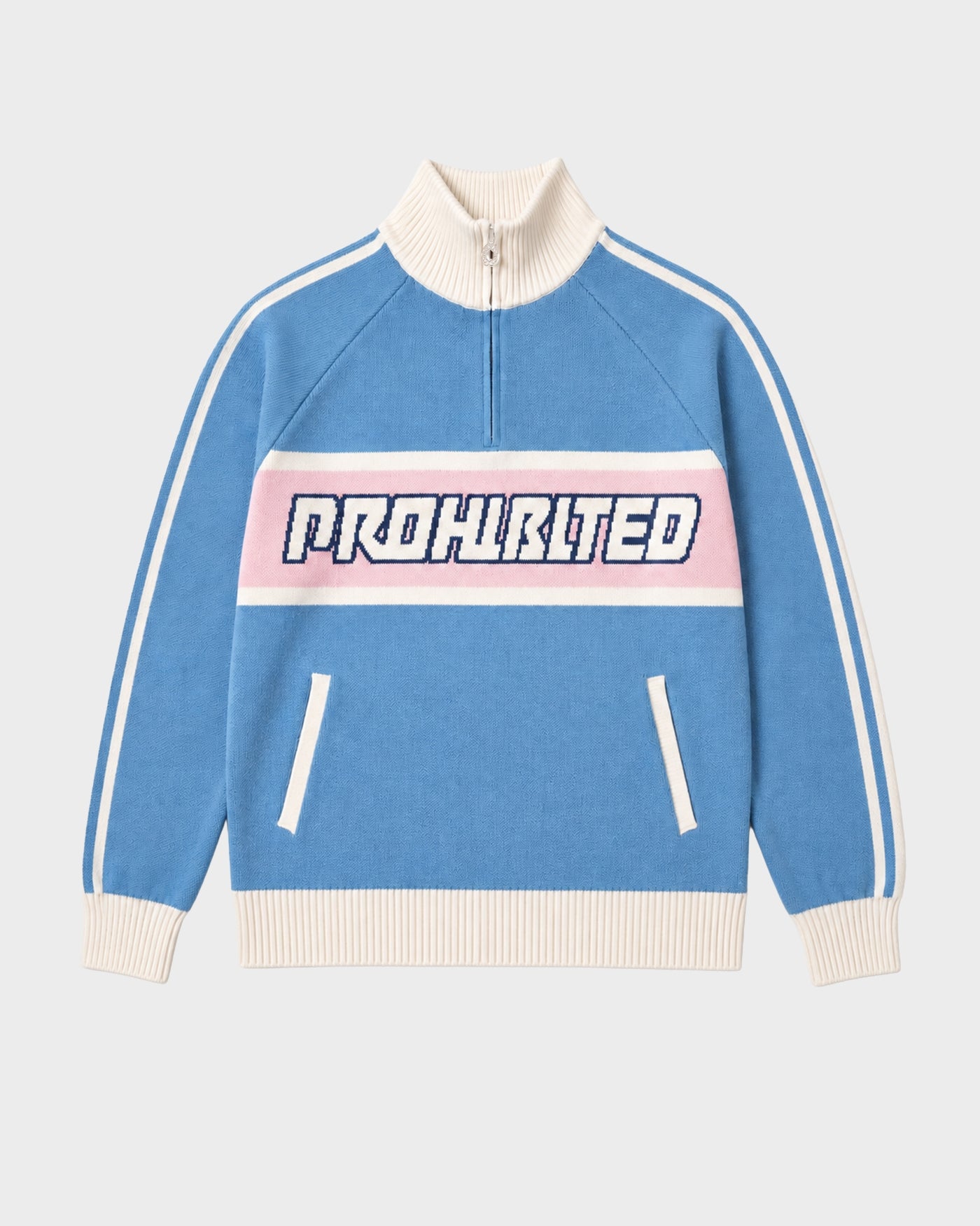 Letterman Knitted Quarter Zip | Light Blue