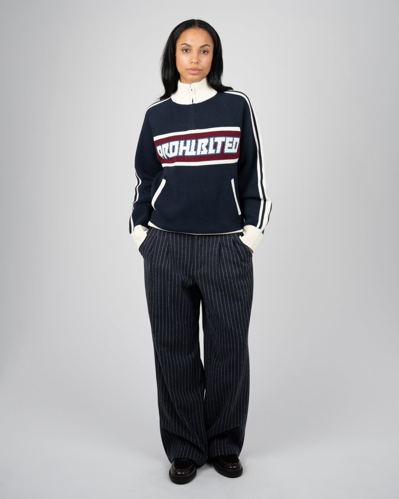 Letterman Knitted Quarter Zip | Navy