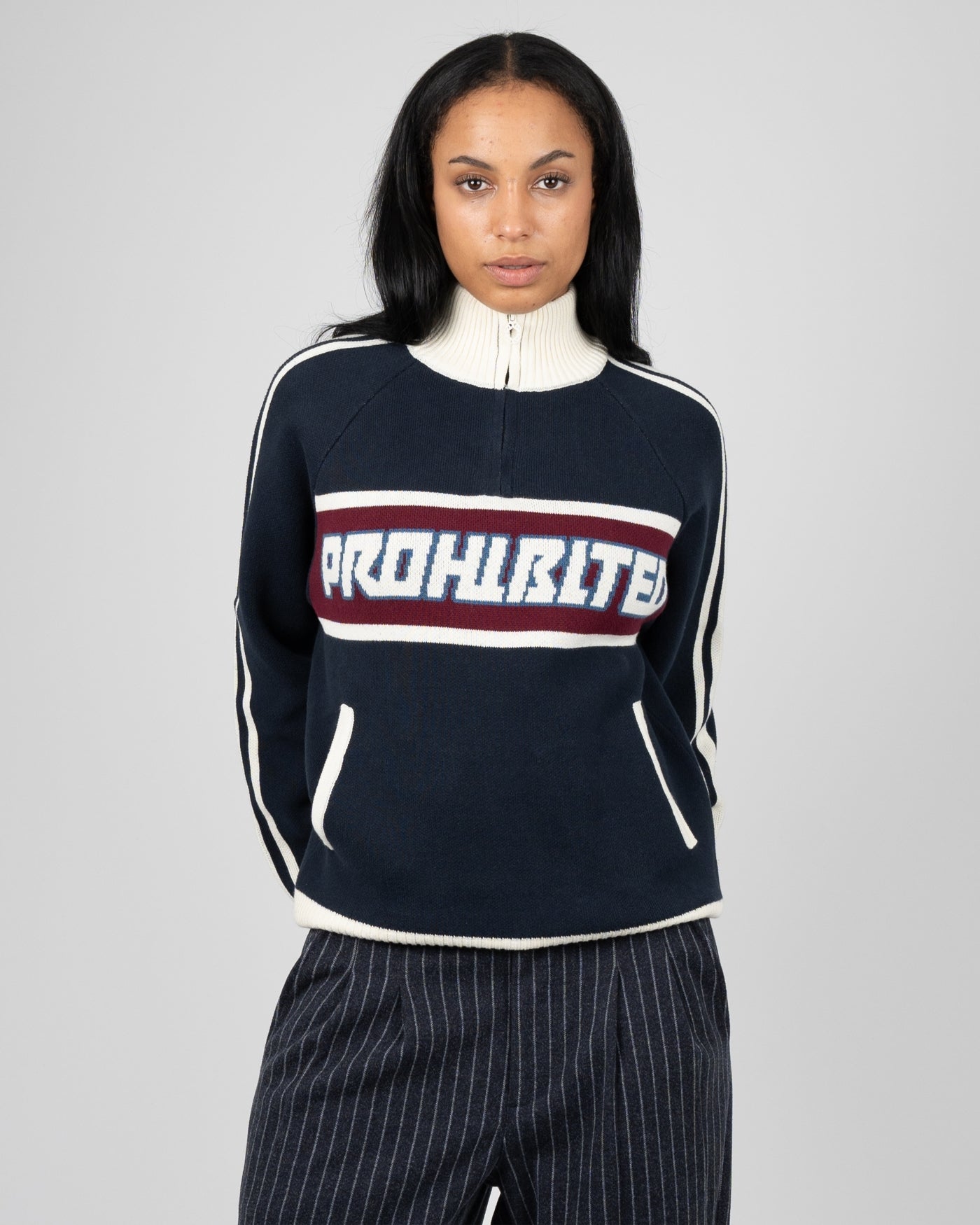 Letterman Knitted Quarter Zip | Navy