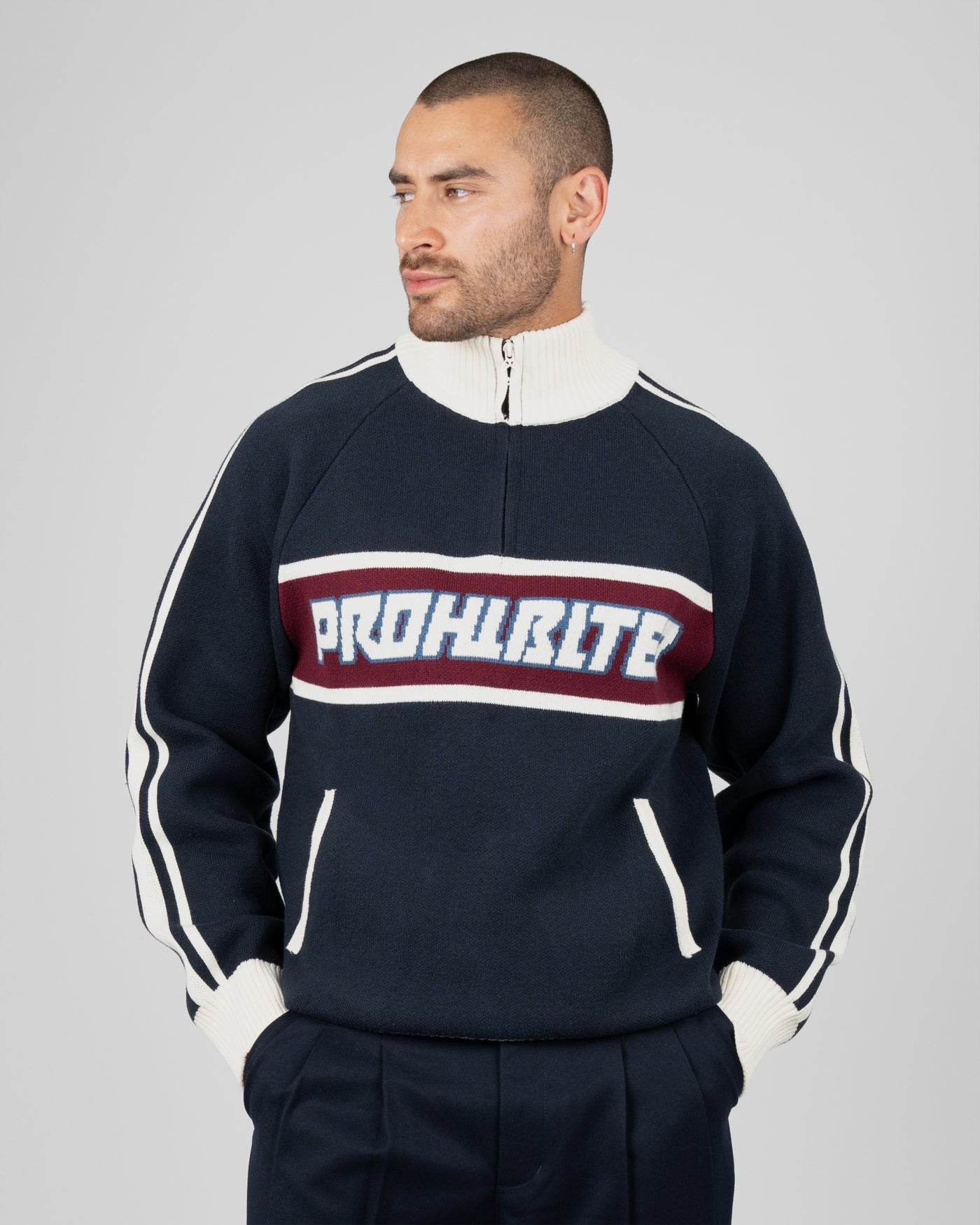 Letterman Knitted Quarter Zip | Navy