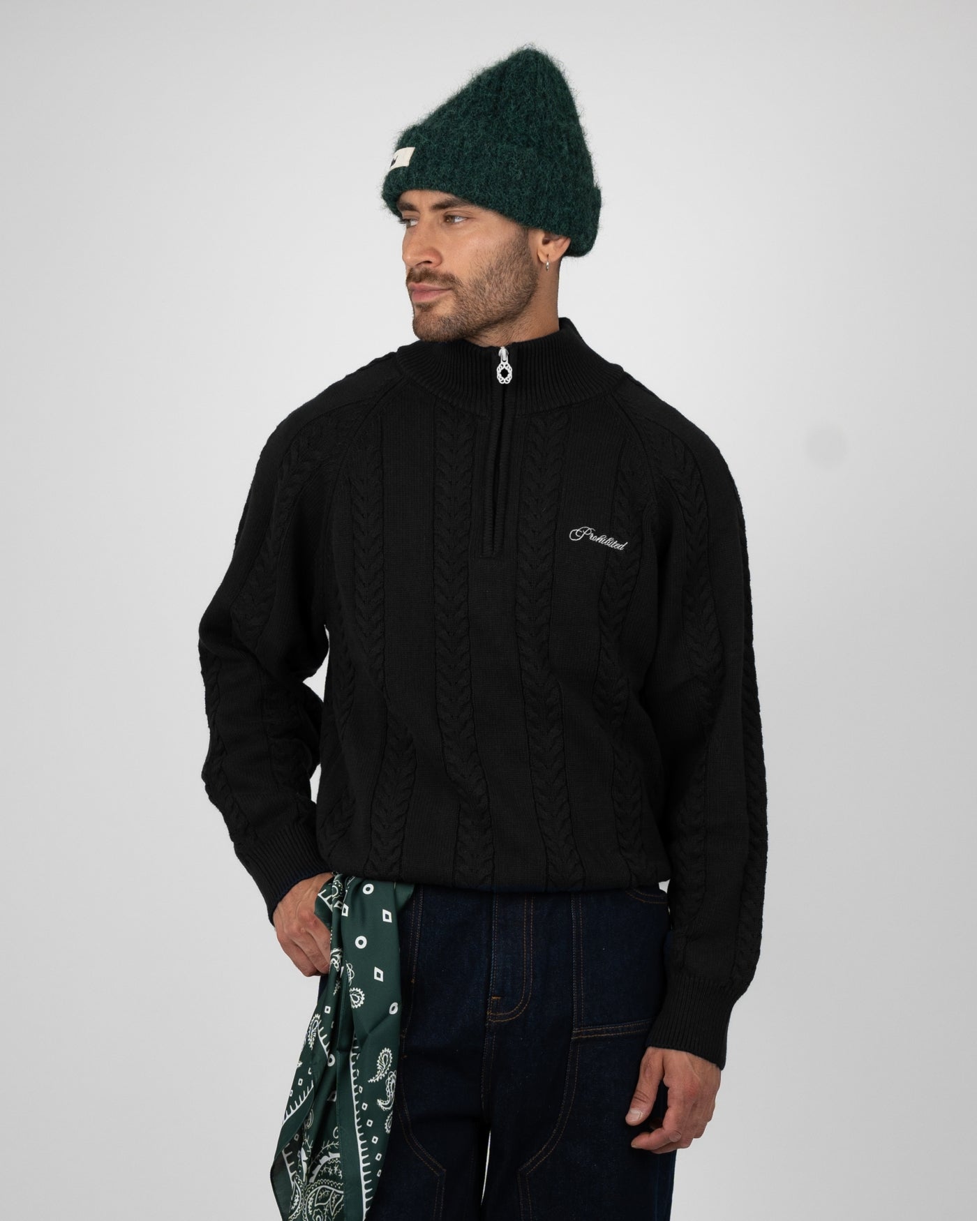 Cable Knit Quarter Zip | Black