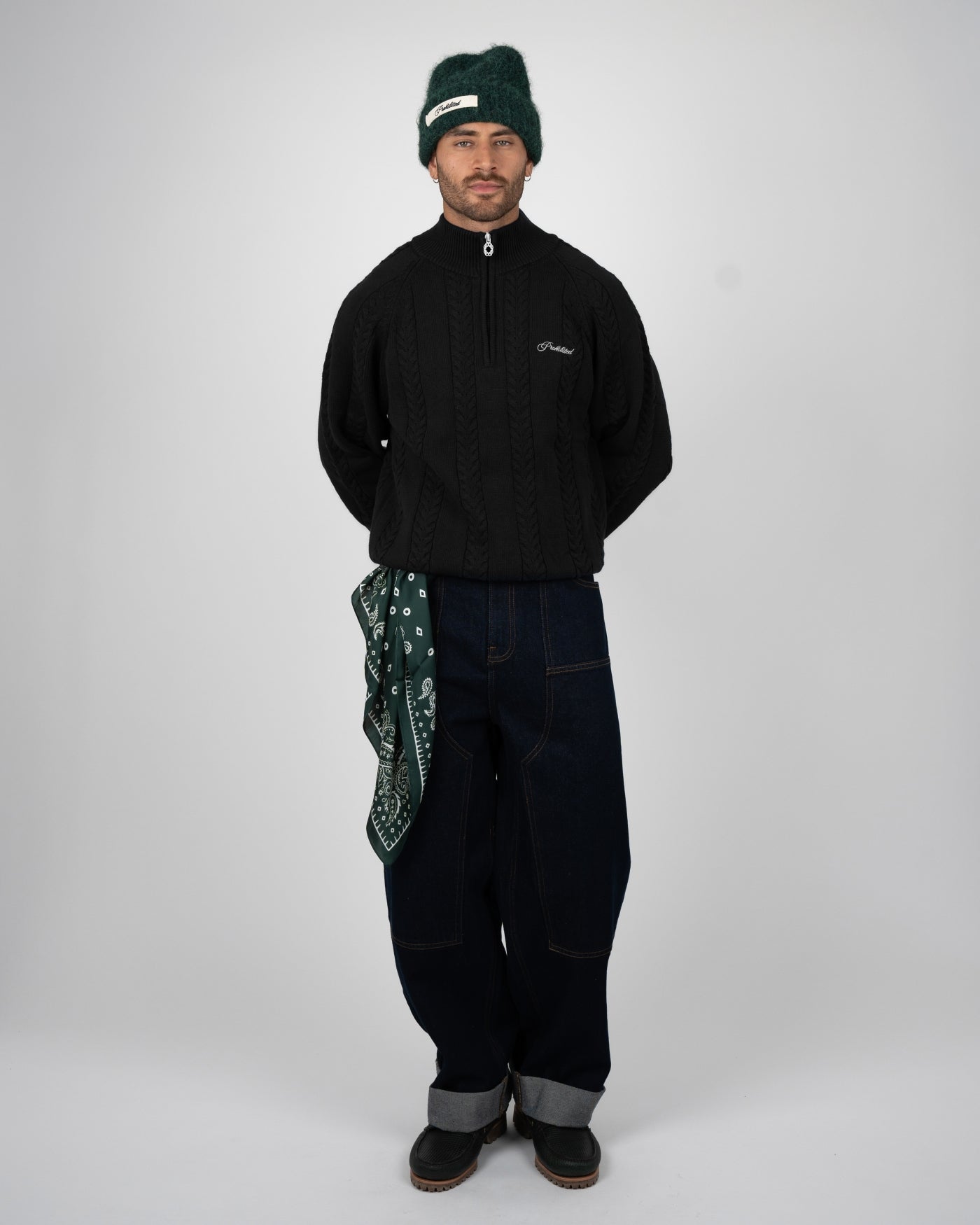 Cable Knit Quarter Zip | Black