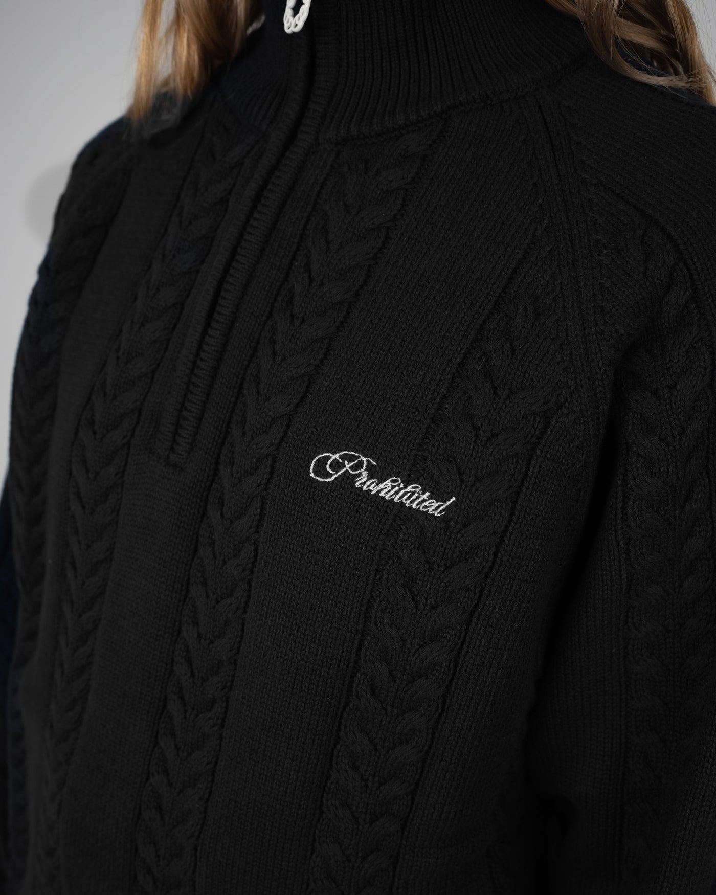 Cable Knit Quarter Zip | Black