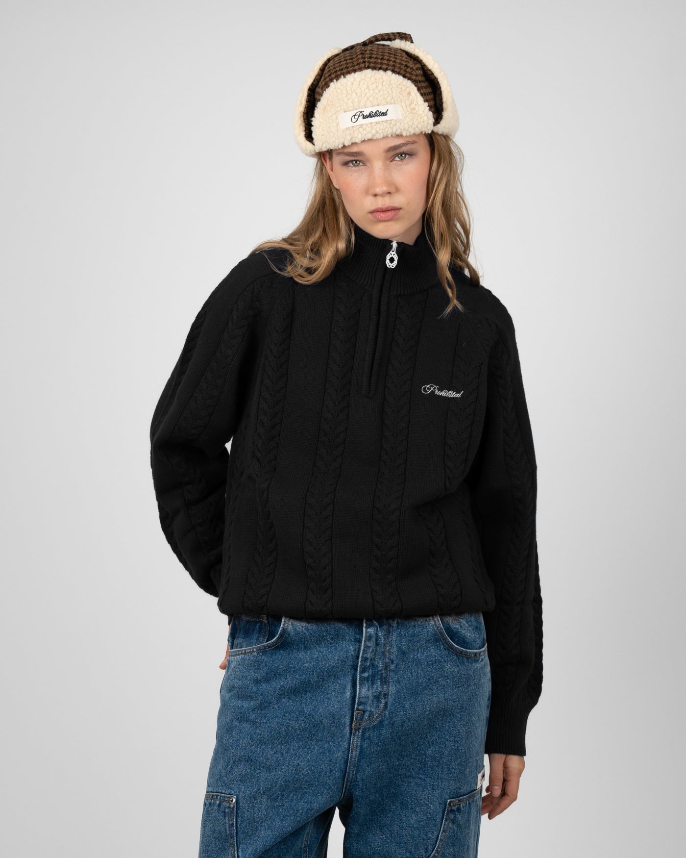 Cable Knit Quarter Zip | Black
