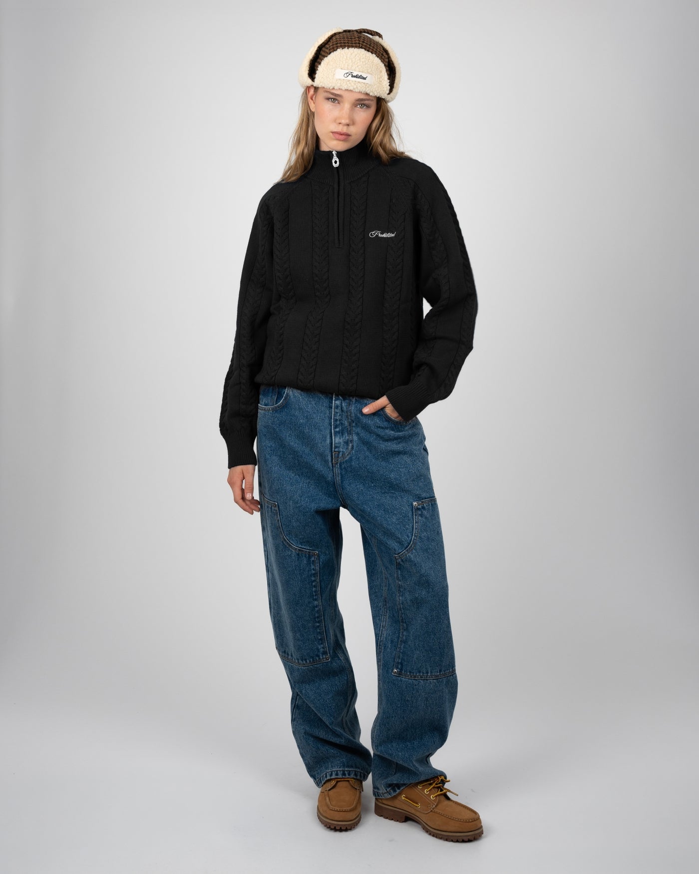 Cable Knit Quarter Zip | Black